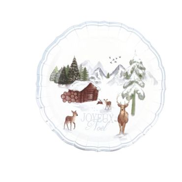 Assiettes en carton Joyeux Noël Neige Éternelle décor chalet, forêt et cerfs | jourdefete.com Assiettes en carton Joyeux Noël Neige Éternelle décor chalet, forêt et cerfs | jourdefete.com