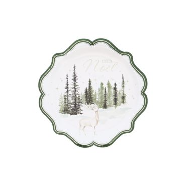 Lot de 8 petites assiettes festives Joyeux Noël collection Snowy Bliss en carton festonné blanc, vert forêt et doré | jourdefete.com Lot de 8 petites assiettes festives Joyeux Noël collection Snowy Bliss en carton festonné blanc, vert forêt et doré | jourdefete.com