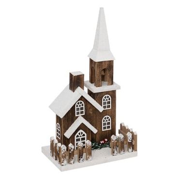 Église en bois enneigée lumineuse LED pour décoration de Noël | jourdefete.com Église en bois enneigée lumineuse LED pour décoration de Noël | jourdefete.com