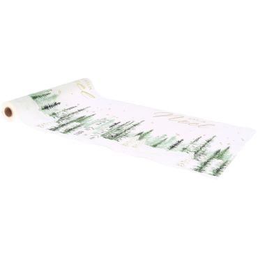 Chemin de table de Noel en velours blanc avec sapins aquarelle vert foret et écriture dorée Joyeux Noel Snowy Bliss | jourdefete.com Chemin de table de Noel en velours blanc avec sapins aquarelle vert foret et écriture dorée Joyeux Noel Snowy Bliss | jourdefete.com