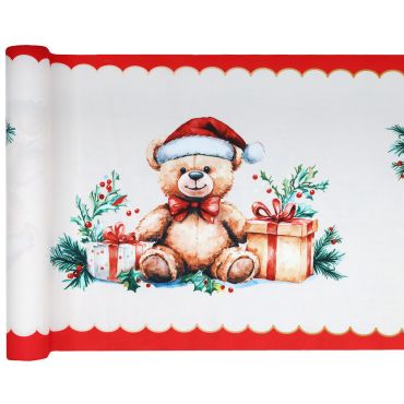 Chemin de table de Noël avec motif ours en peluche festif et bordures festonnées rouges 2.5m x 28cm | jourdefete.com