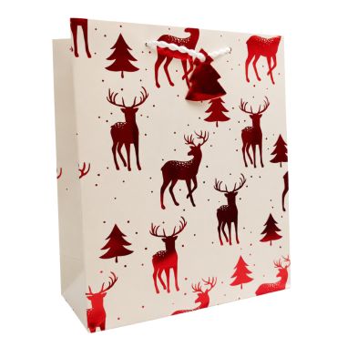 Sac cadeau de Noël en papier - Rennes Rouges - Taille M