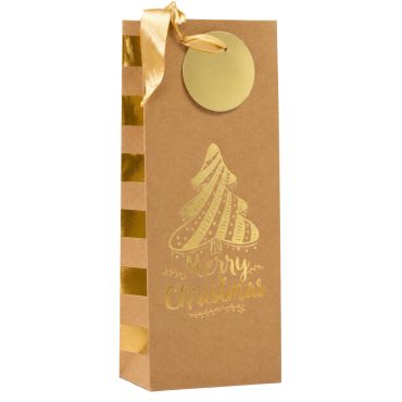 Sac cadeau kraft de Noël en papier pour bouteille - Merry Christmas avec sapin doré Sac cadeau kraft de Noël en papier pour bouteille - Merry Christmas avec sapin doré