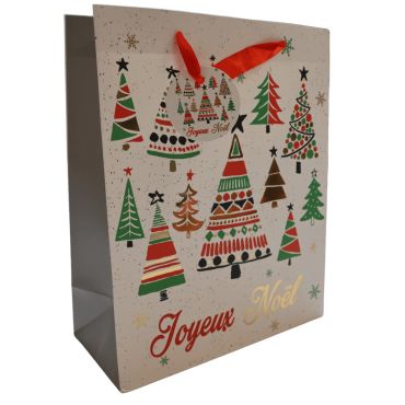 Sac cadeau Joyeux Noël avec motifs sapins colorés 26x32x12 cm | jourdefete.com