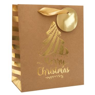Sac cadeau kraft de Noël en papier - Merry Christmas avec sapin doré - Taille S Sac cadeau kraft de Noël en papier - Merry Christmas avec sapin doré - Taille S