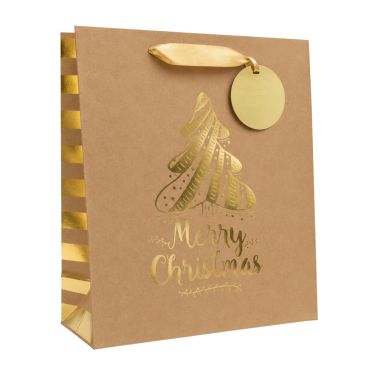 Sac cadeau kraft de Noël en papier - Merry Christmas avec sapin doré - Taille M Sac cadeau kraft de Noël en papier - Merry Christmas avec sapin doré - Taille M