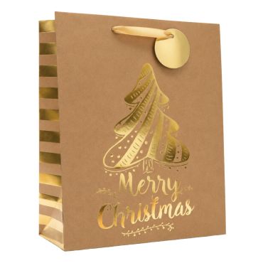 Sac cadeau kraft de Noël en papier - Merry Christmas avec sapin doré - Taille L Sac cadeau kraft de Noël en papier - Merry Christmas avec sapin doré - Taille L