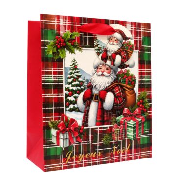 Sac cadeau de Noël en papier - Père Noël Tartan - Taille S Sac cadeau de Noël en papier - Père Noël Tartan - Taille S