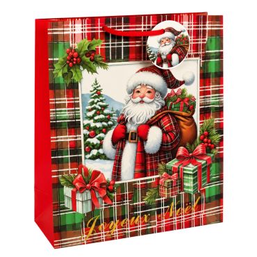 Sac cadeau de Noël en papier - Père Noël Tartan - Taille M Sac cadeau de Noël en papier - Père Noël Tartan - Taille M