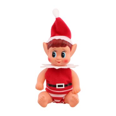 Lutin farceur de Noël bébé garçon Elfie 16 cm, figurine assise rouge et blanche avec bonnet et col étoilé | jourdefete.com