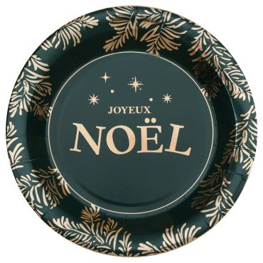 Assiettes de Noël vert sapin et doré avec inscription Joyeux Noël | jourdefete.com Assiettes de Noël vert sapin et doré avec inscription Joyeux Noël | jourdefete.com
