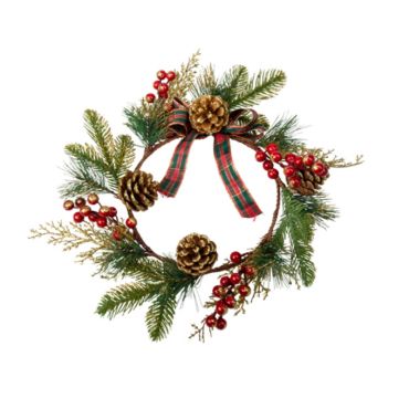 couronne de Noel avec sapin nœuds ecossais et paillettes dorees couronne de Noel avec sapin nœuds ecossais et paillettes dorees