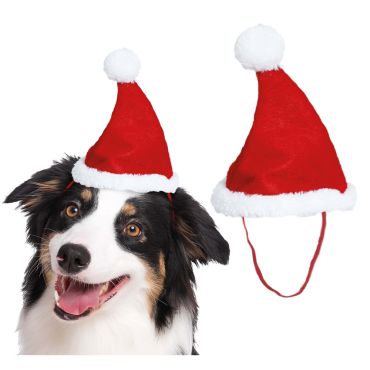 Chien joyeux portant un bonnet de Noël rouge à pompon et bordure blanche | jourdefete.com Chien joyeux portant un bonnet de Noël rouge à pompon et bordure blanche | jourdefete.com