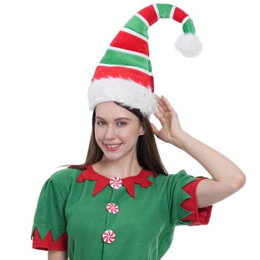 Bonnet de lutin de Noël rayé rouge et vert luxe avec pompon blanc | jourdefete.com