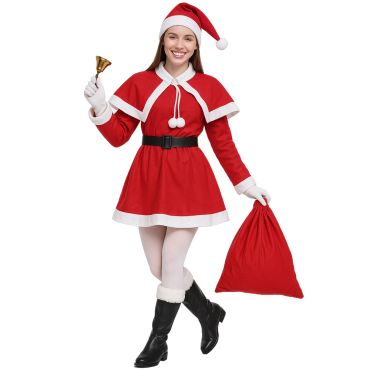 Femme déguisée en Mère Noël avec robe rouge en feutrine et bonnet assorti | jourdefete.com