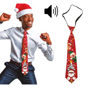 Cravate de Noël rouge musicale avec motifs Père Noël et lutins | jourdefete.com Cravate de Noël rouge musicale avec motifs Père Noël et lutins | jourdefete.com