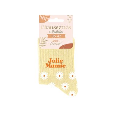 Chaussettes pailletées "Jolie Mamie" avec un design floral | jourdefete.com Chaussettes pailletées "Jolie Mamie" avec un design floral | jourdefete.com