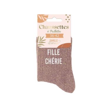 Chaussettes pailletées dorées "Fille Chérie" en taille 36-42 | jourdefete.com Chaussettes pailletées dorées "Fille Chérie" en taille 36-42 | jourdefete.com