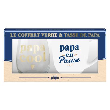 Coffret cadeau contenant un verre transparent "Papa Cool" et un mug blanc "Papa en pause" pour la fête des pères | jourdefete.com Coffret cadeau contenant un verre transparent "Papa Cool" et un mug blanc "Papa en pause" pour la fête des pères | jourdefete.com