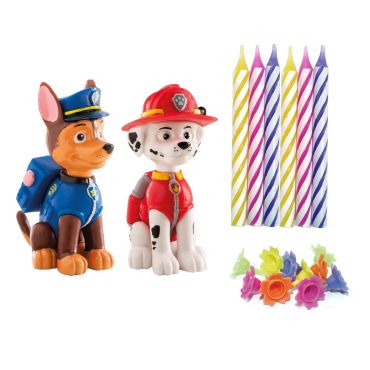 Kit de décoration pour gâteau Pat' Patrouille avec figurines Chase et Marcus et 10 bougies colorées | jourdefete.com