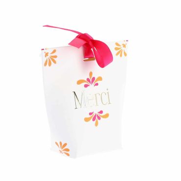 Contenants Merci en papier blanc avec motifs floraux rose orange et doré pour fête élégante | jourdefete.com