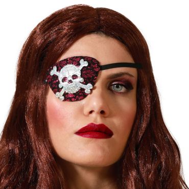 Cache-œil pirate rouge pailleté avec tête de mort brillante | jourdefete.com