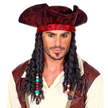 Tricorne de pirate avec bandana rouge et dreadlocks | jourdefete.com