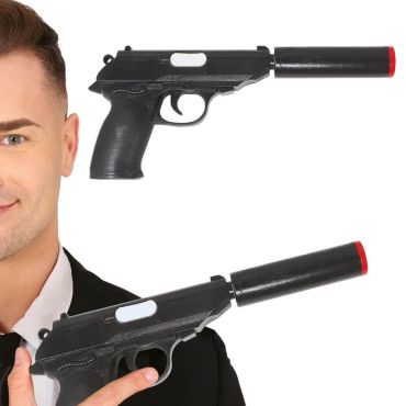 Pistolet factice noir avec silencieux pour déguisement espion ou gangster | jourdefete.com