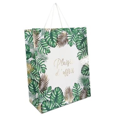 Une pochette cadeau de taille moyenne aux motifs de fleurs tropicales avec la mention "Plaisir d'offrir" | jourdefete.com Une pochette cadeau de taille moyenne aux motifs de fleurs tropicales avec la mention "Plaisir d'offrir" | jourdefete.com