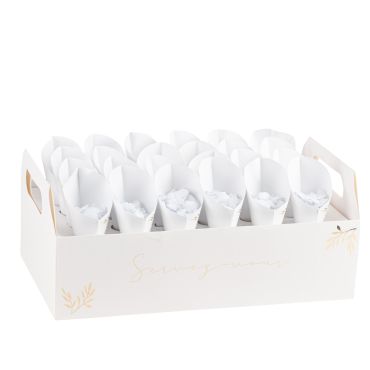 Présentoir de 24 cornets à confettis blanc et or pour cérémonie | jourdefete.com Présentoir de 24 cornets à confettis blanc et or pour cérémonie | jourdefete.com