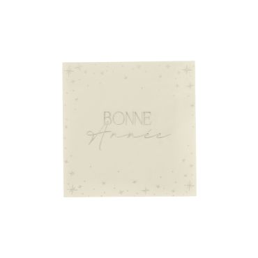 Lot de 20 petites serviettes en papier carrées jetables "Bonne Année" coloris écru avec écriture et étoiles argentées, idéales pour l'apéritif ou le dessert lors du réveillon de la Saint-Sylvestre | jourdefete.com Lot de 20 petites serviettes en papier carrées jetables "Bonne Année" coloris écru avec écriture et étoiles argentées, idéales pour l'apéritif ou le dessert lors du réveillon de la Saint-Sylvestre | jourdefete.com