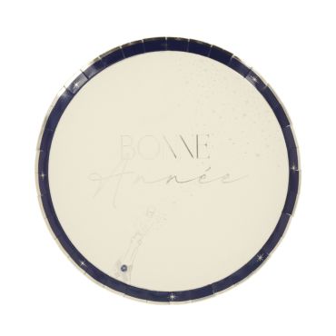 Lot de 8 grandes assiettes jetables en carton rondes "Bonne Année" coloris écru avec bordure bleu nuit et détails dorés, pour la décoration de table du réveillon du Nouvel An | jourdefete.com Lot de 8 grandes assiettes jetables en carton rondes "Bonne Année" coloris écru avec bordure bleu nuit et détails dorés, pour la décoration de table du réveillon du Nouvel An | jourdefete.com