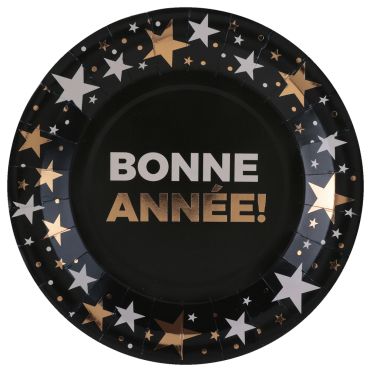 Assiettes "Bonne Année" Noir et Or avec étoiles dorées pour le Nouvel An Ø22,5 cm | jourdefete.com Assiettes "Bonne Année" Noir et Or avec étoiles dorées pour le Nouvel An Ø22,5 cm | jourdefete.com