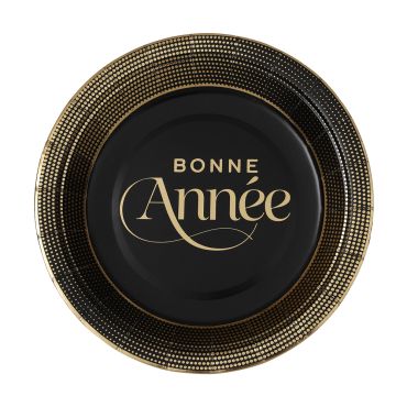 Assiettes rondes en carton jetable noire avec bordure dorée à points et message calligraphié "Bonne Année" au centre pour repas du Nouvel An | jourdefete.com
