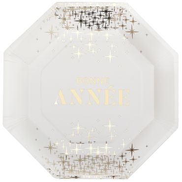 Assiettes blanches "Bonne Année" avec motifs étoilés dorées | jourdefete.com Assiettes blanches "Bonne Année" avec motifs étoilés dorées | jourdefete.com
