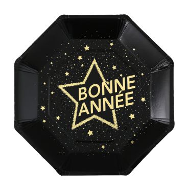 Assiettes jetables noires et dorées décorées "Bonne Année" pour table de réveillon | jourdefete.com
