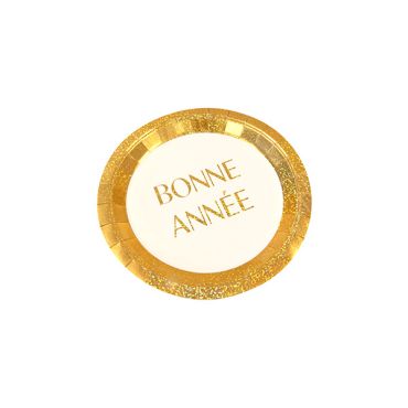 Assiettes en carton blanche et or Bonne Année effet pailleté 18 cm pour réveillon du Nouvel An | jourdefete.com