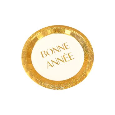 Assiettes en carton blanches et dorées Bonne Année à effet pailleté pour table de réveillon du Nouvel An | jourdefete.com Assiettes en carton blanches et dorées Bonne Année à effet pailleté pour table de réveillon du Nouvel An | jourdefete.com