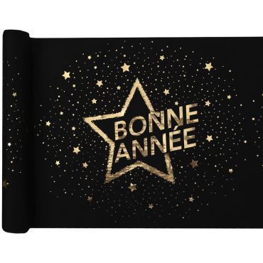 Chemin de table noir et doré Bonne Année sous les étoiles 5 mètres pour réveillon du Nouvel An | jourdefete.com