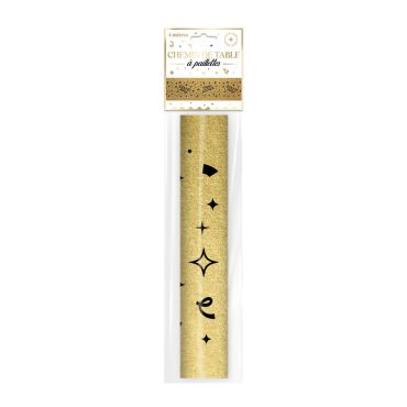 Rouleau de chemin de table doré scintillant à paillettes avec étoiles et serpentins 4 mètres | jourdefete.com