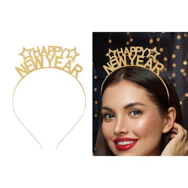 Diadème doré Happy New Year pour le réveillon du Nouvel An | jourdefete.com