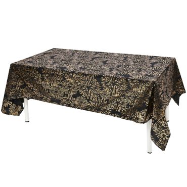 Nappe de fête rectangle noire imprimée feu d artifice dore et argente 145x240 cm pour réveillon saint sylvestre | jourdefete.com