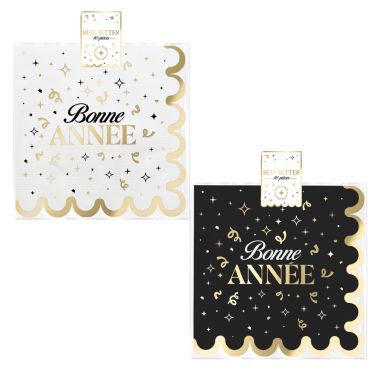 Lot de 10 serviettes en papier festonnées Bonne Année noir et blanc bordure or | jourdefete.com Lot de 10 serviettes en papier festonnées Bonne Année noir et blanc bordure or | jourdefete.com