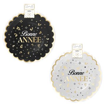 Lot de 6 assiettes rondes festonnées Bonne Année aux motifs dorés | jourdefete.com