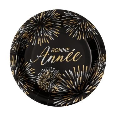 Assiette en carton ronde Bonne Année noire et dorée motifs feux d'artifice réveillon | jourdefete.com