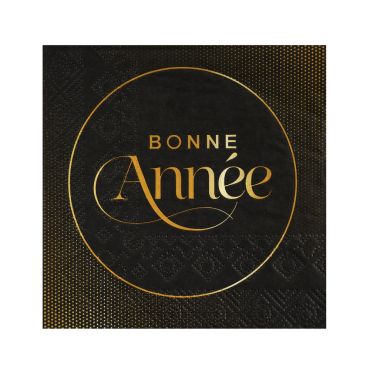 Serviettes en papier jetables noires avec inscription calligraphiée dorée "Bonne Année" et contour à points pour décoration de table du Nouvel An | jourdefete.com Serviettes en papier jetables noires avec inscription calligraphiée dorée "Bonne Année" et contour à points pour décoration de table du Nouvel An | jourdefete.com