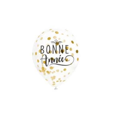 6 ballons latex transparents Bonne Année avec confettis or 6 ballons latex transparents Bonne Année avec confettis or