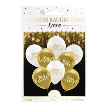 Sachet de 8 ballons de baudruche Bonne Année dorés et blancs 30 cm pour décoration de réveillon | jourdefete.com