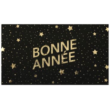 Lot de 10 serviettes jetables noires et dorées Bonne Année Sous les Étoiles pour table de réveillon | jourdefete.com