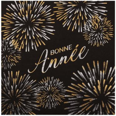 Serviettes en papier Bonne Année noire avec feux d'artifice dorés et argentés pour réveillon | jourdefete.com